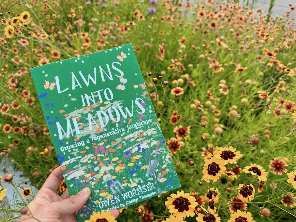 Holding a book with the front cover of the book 'Lawns Into Meadows' showing in front of a background of native wildflowers